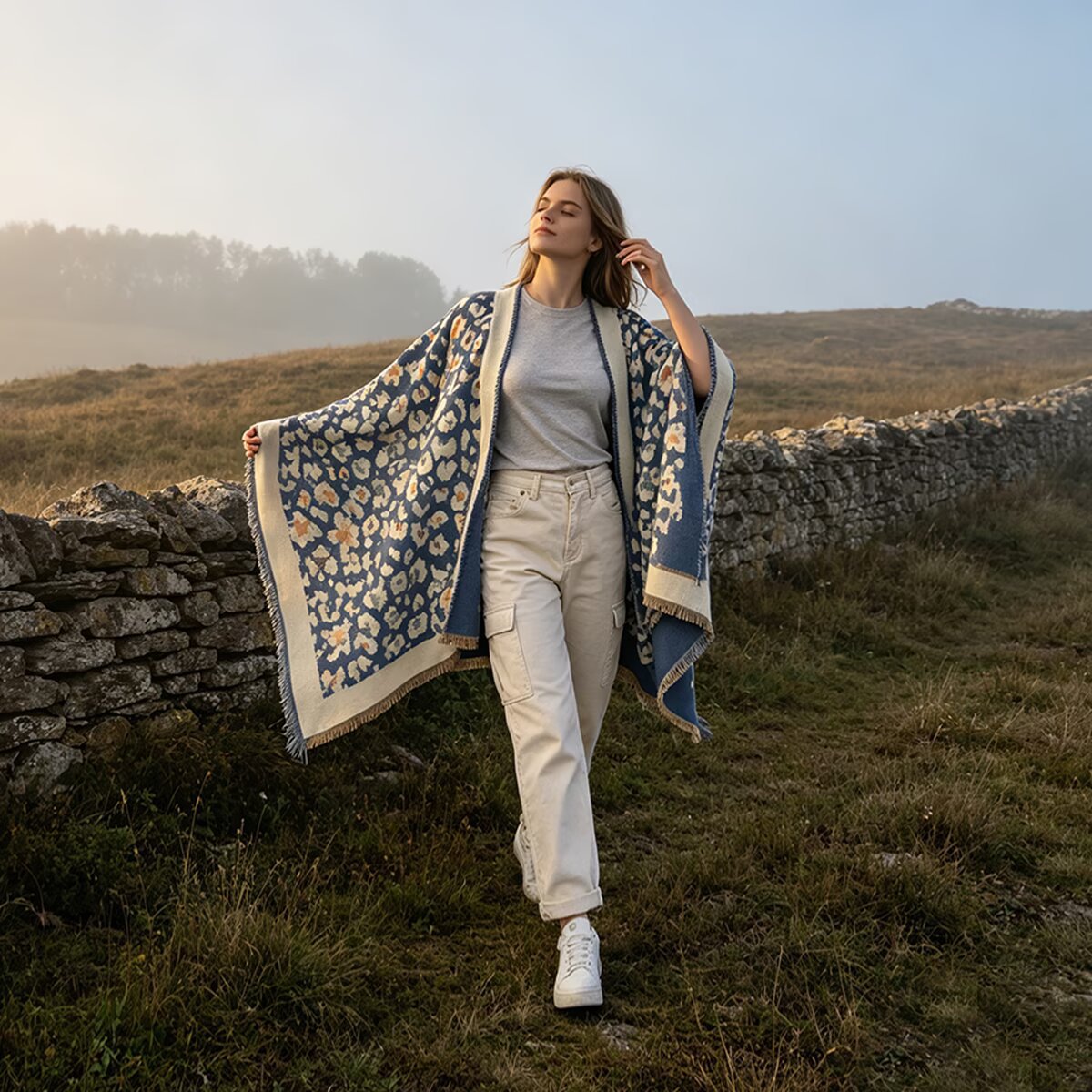A woman stands outdoors in a grassy field beside a stone wall, wearing a light gray T-shirt, cream cargo pants, white sneakers, and a blue patterned wrap or shawl draped open over her arms.