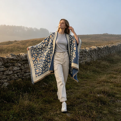 A woman stands outdoors in a grassy field beside a stone wall, wearing a light gray T-shirt, cream cargo pants, white sneakers, and a blue patterned wrap or shawl draped open over her arms.