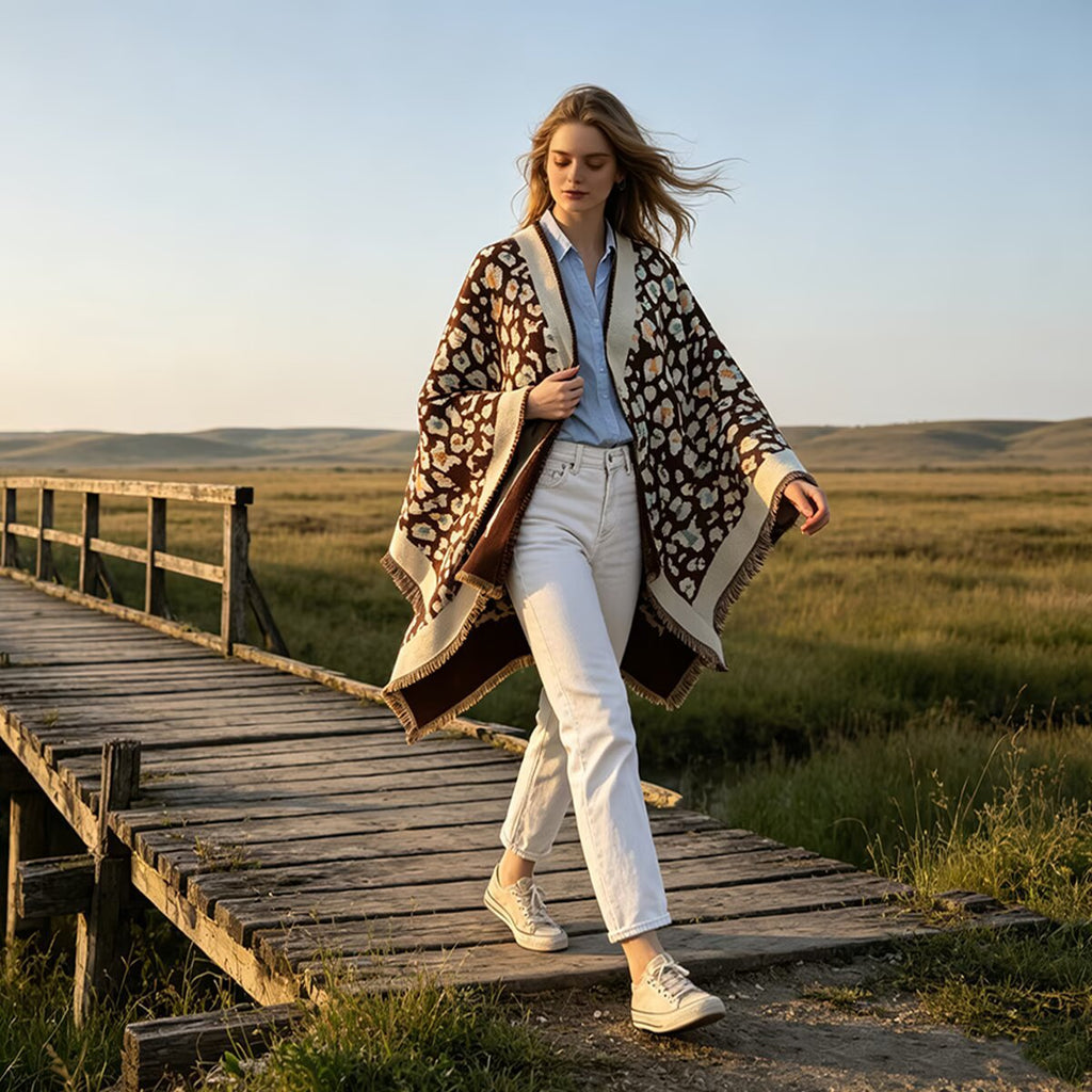 A woman walks across a wooden boardwalk in an open grassy landscape, wearing a patterned open-front poncho over a light blue button-up shirt, white jeans, and white sneakers.