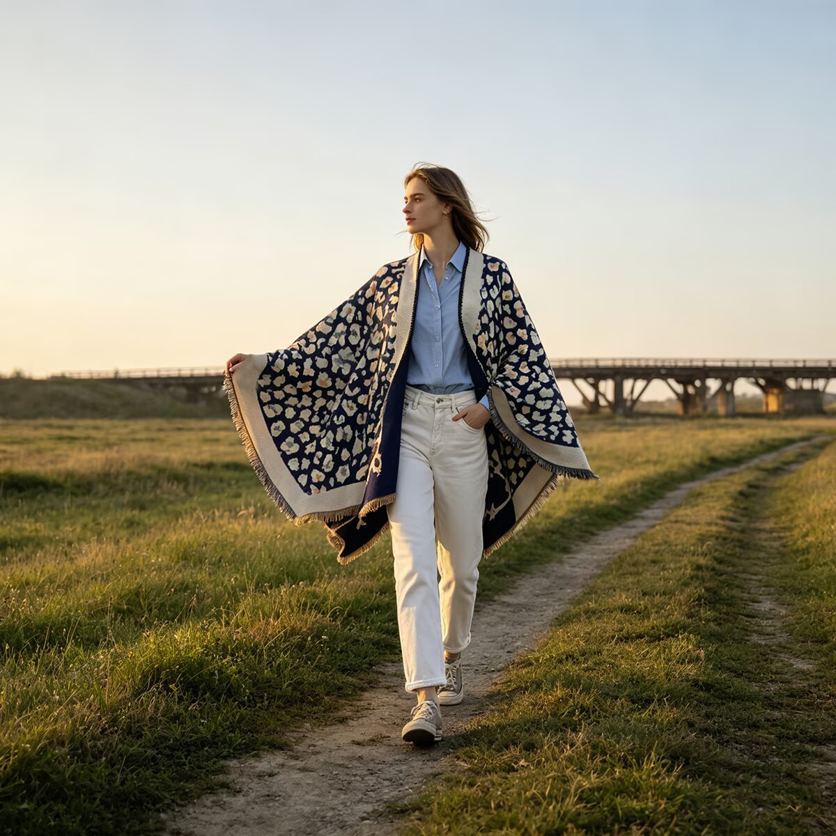 A woman walks along a dirt path in an open grassy field at sunset, wearing a navy and cream patterned open-front wrap or poncho over a light blue button-up shirt and off-white trousers.