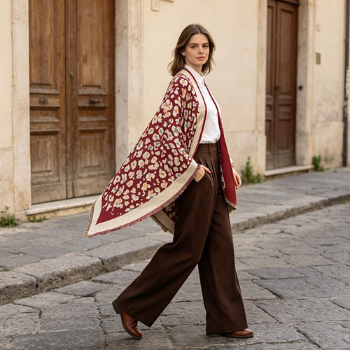 A woman walks along a cobblestone street wearing a burgundy and beige patterned shawl draped over her shoulders, a white top, and dark brown wide-leg trousers.