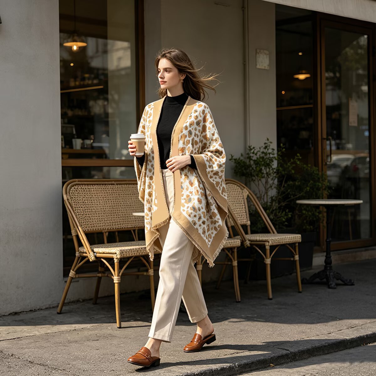 A woman walks on a city sidewalk wearing a beige and white leopard-print fringed cardigan over a black turtleneck and cream trousers, holding a coffee cup in front of a cafe.
