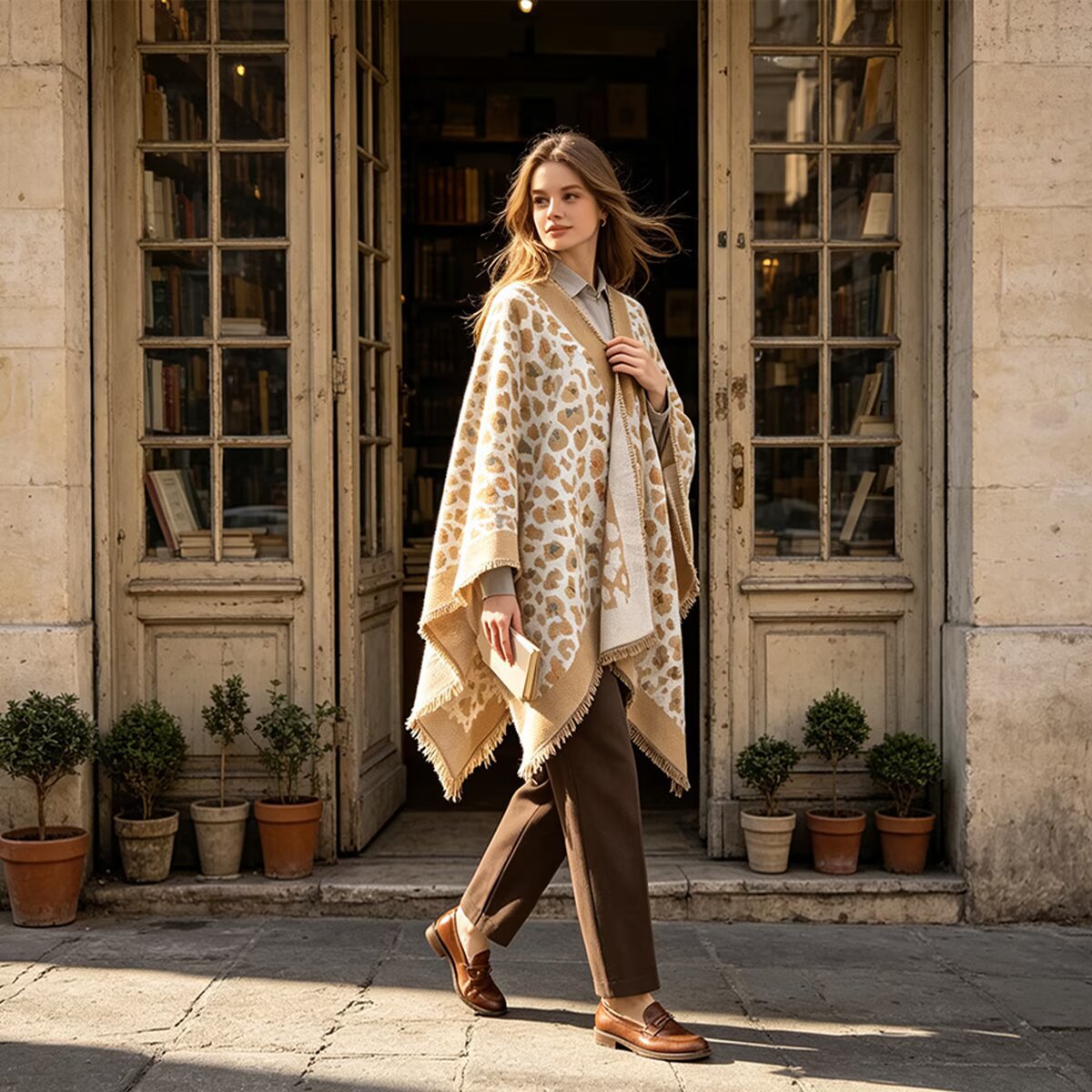 A woman walks out of a vintage bookshop doorway wearing a beige and brown animal print fringed poncho over a cream top and brown trousers.