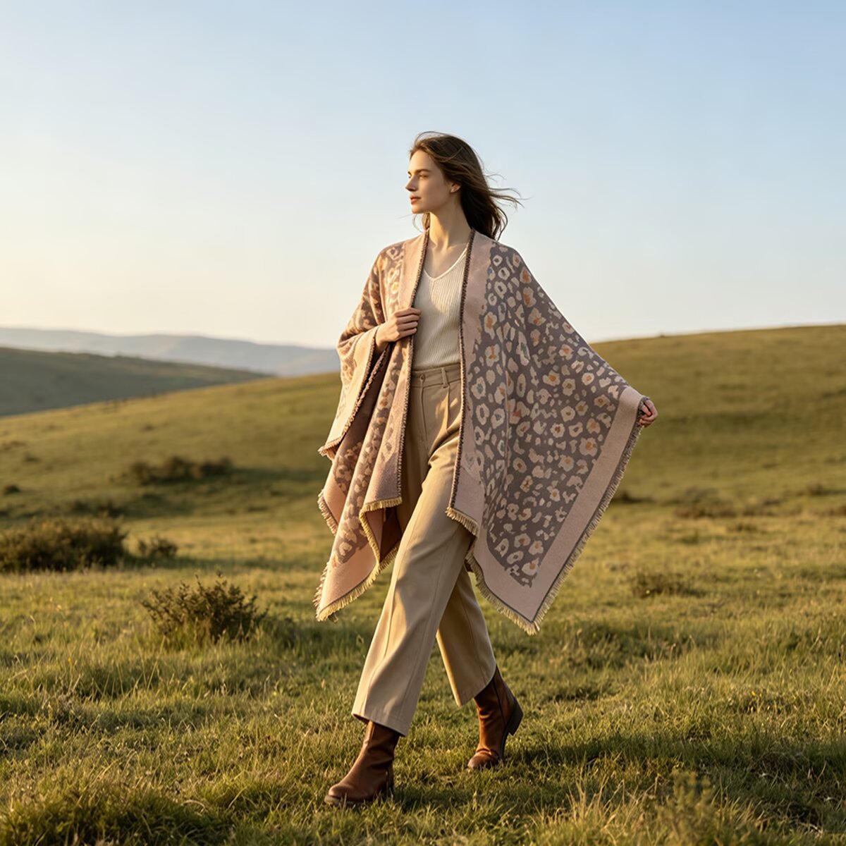 A woman walks across a grassy field at golden hour wearing a beige poncho-style wrap with a tonal animal print pattern, paired with cream pants and brown ankle boots.