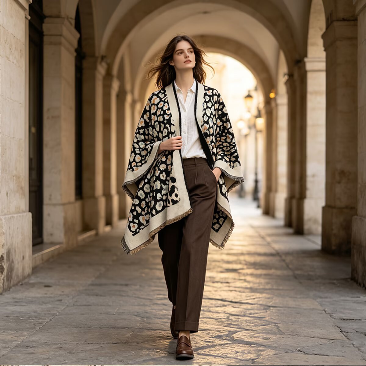 A woman walks through a stone arcade wearing a black and cream patterned open-front cardigan over a white collared shirt, brown trousers, and brown loafers.