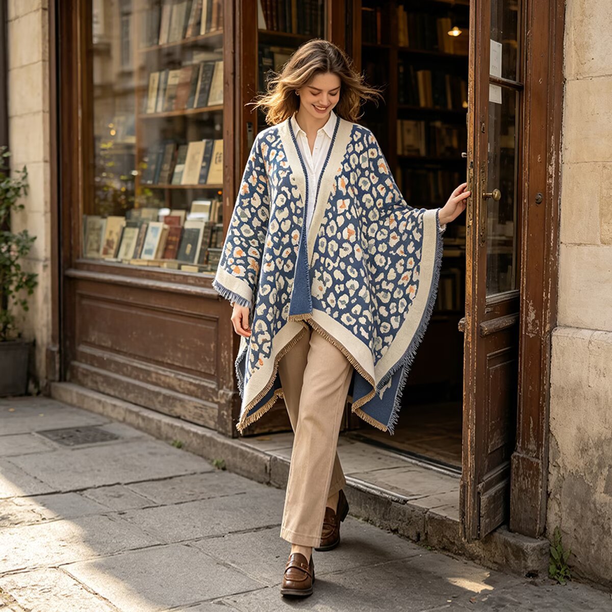 A woman walks out of a bookshop doorway wearing a blue and cream patterned open-front poncho over a white collared shirt and beige trousers.