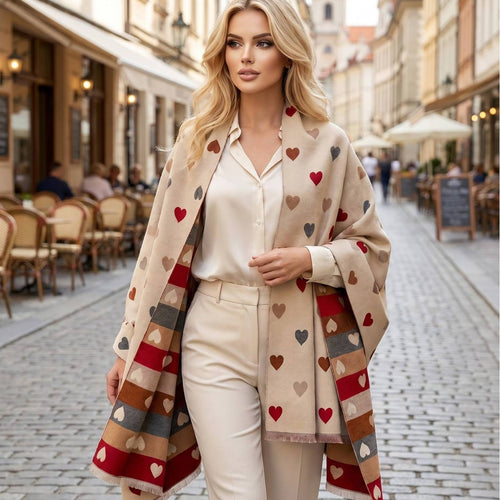 A woman stands on a cobblestone street wearing a cream-colored shawl with a heart pattern and a matching cream outfit. The shawl features red, brown, and gray hearts, and has a striped border with red, brown, gray, and beige sections.