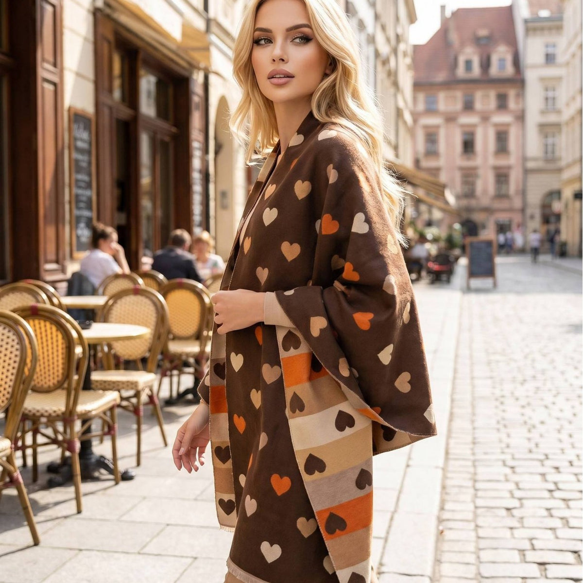 A woman stands on a cobblestone street in front of a cafe, wearing a brown kimono-style cardigan with an all-over heart pattern in beige, orange, and dark brown.