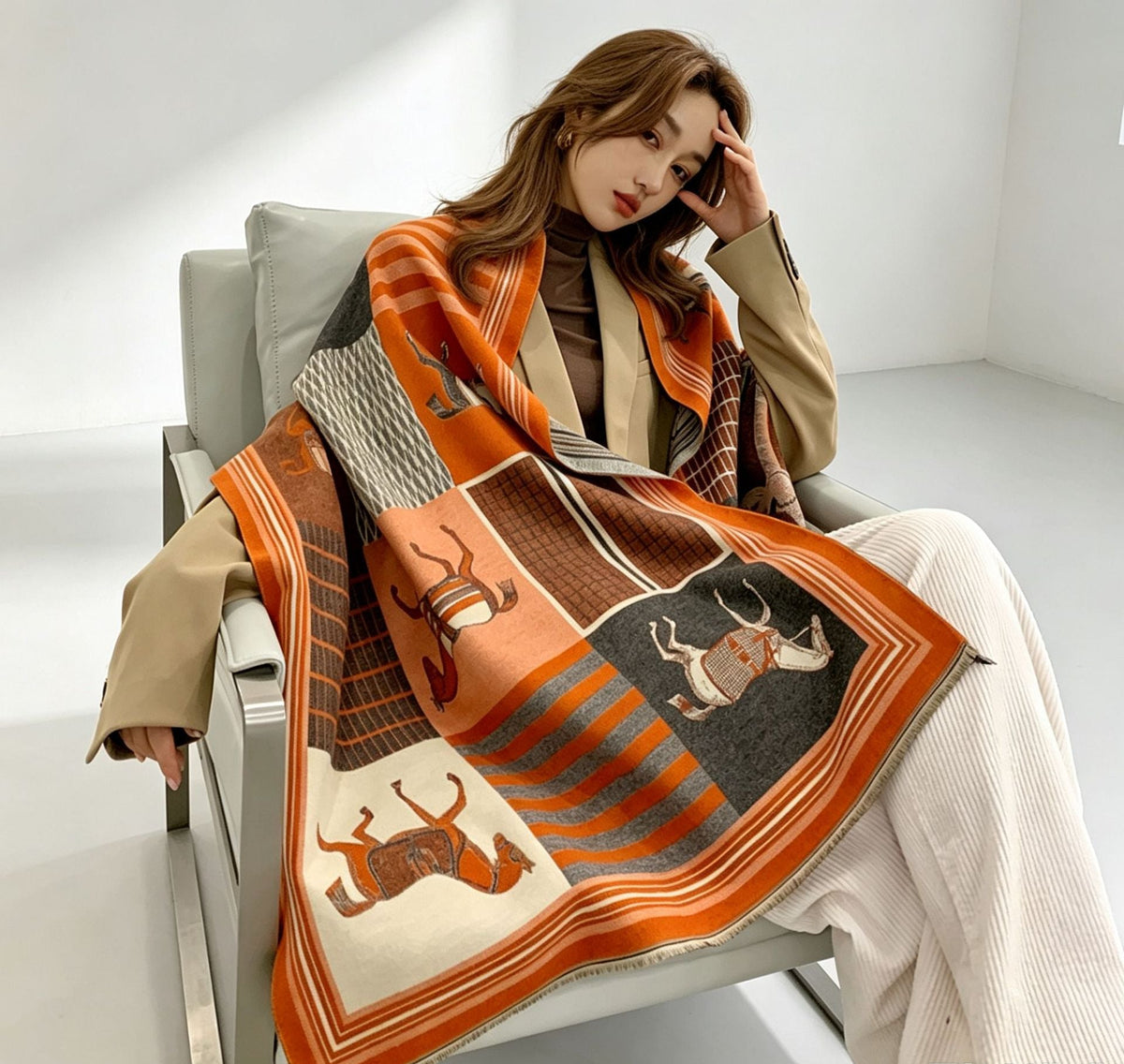 A woman sits in a light gray armchair wearing a beige blazer and white ribbed pants, draped with a large square scarf featuring orange, brown, cream, and gray patchwork panels with stylized animal illustrations.