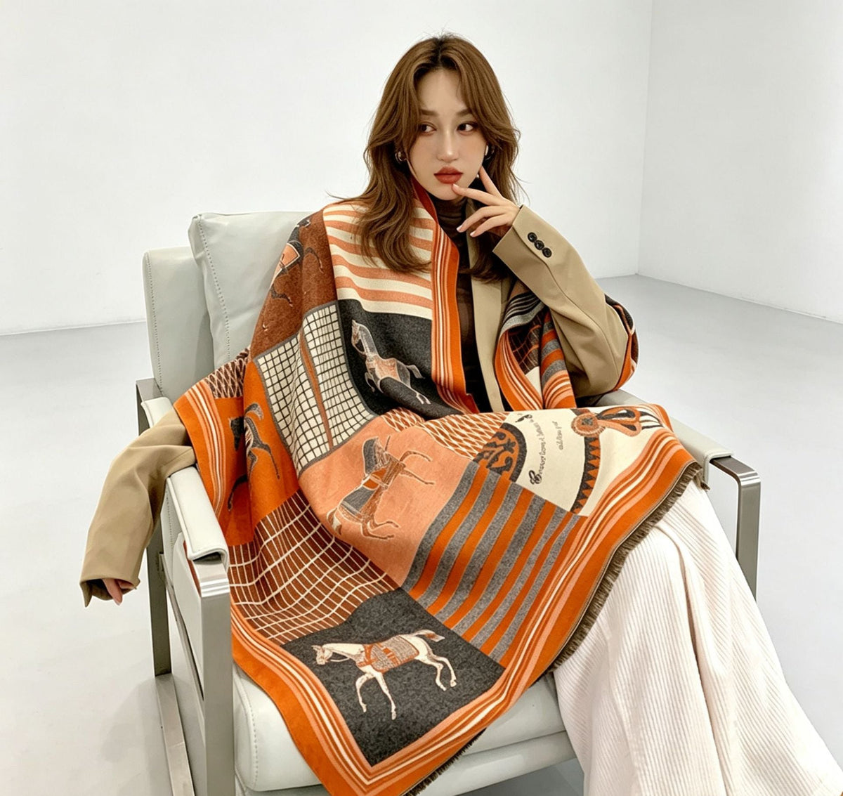A woman sits in a white chair wearing a beige blazer and draped in an orange, brown, and cream patterned scarf with horse motifs, in a bright white studio setting.