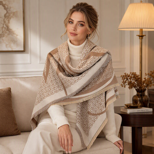 A woman sits on a beige sofa in a warmly lit living room, wrapped in a large patterned shawl with fringe. The shawl has a cream and tan geometric design.