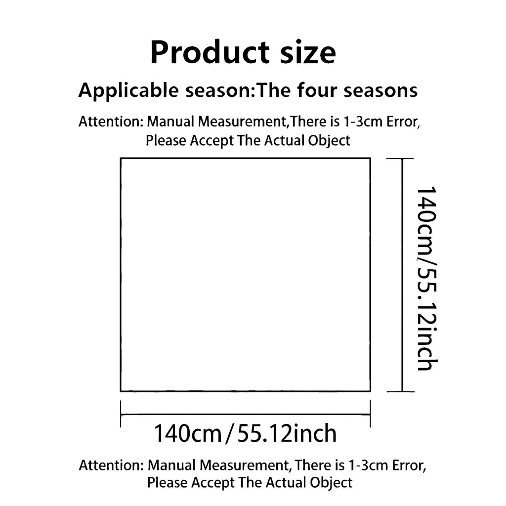 Product size chart showing a square measurement diagram with dimensions labeled 140cm / 55.12 inches, plus text stating applicable season is the four seasons and noting a 1-3 cm measurement error.