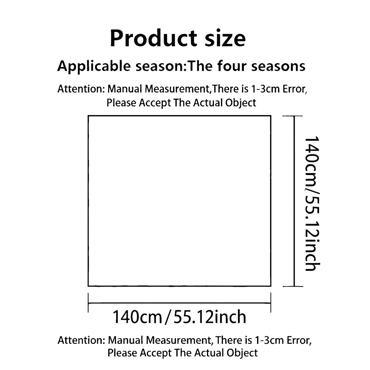 Product size chart showing a square measurement diagram with dimensions labeled 140cm / 55.12 inches, plus text stating applicable season is the four seasons and noting a 1-3 cm measurement error.