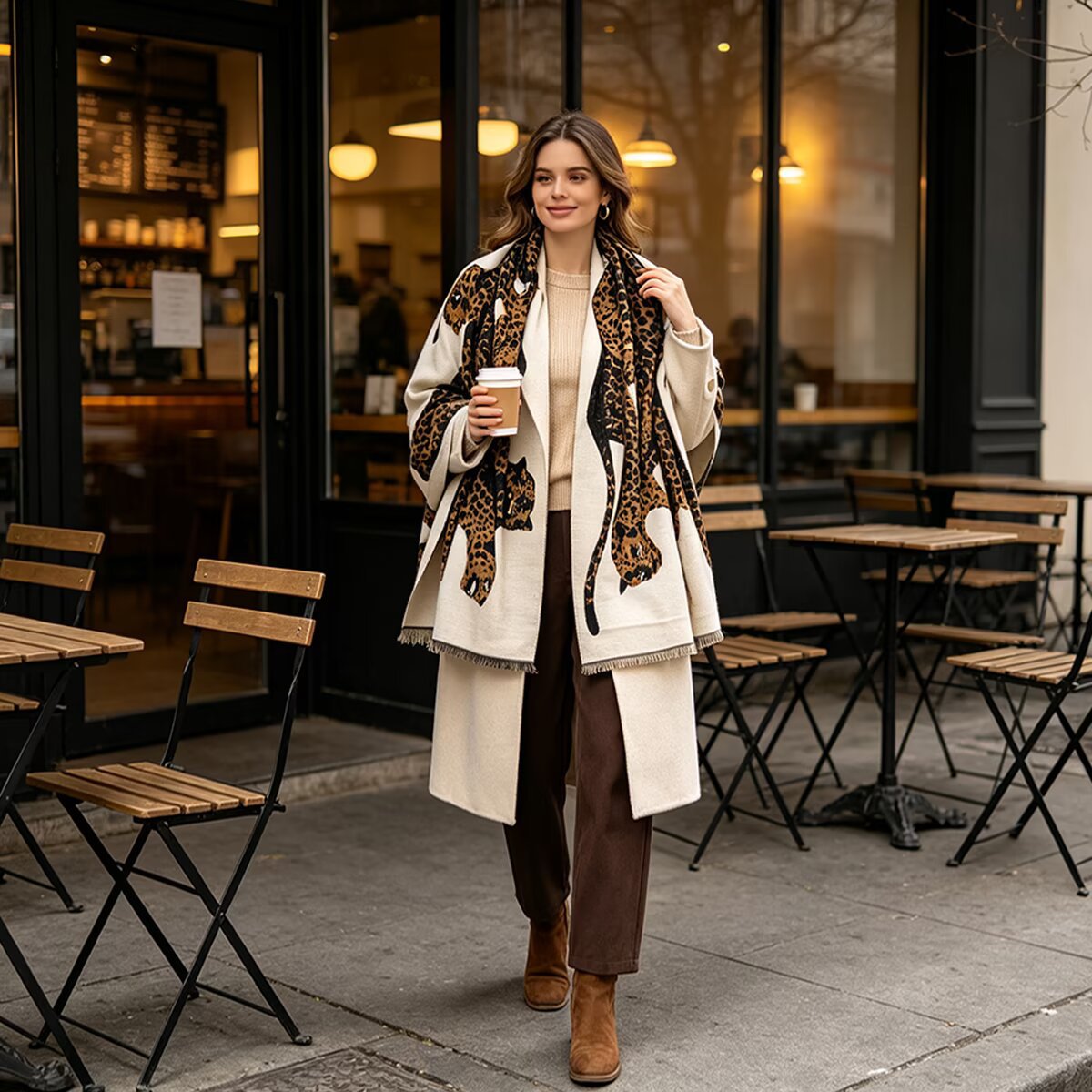 A woman stands on a city sidewalk in front of a cafe, wearing a long cream coat over a beige top, brown pants, and tan ankle boots, while holding a coffee cup. She is wrapped in a black and brown patterned scarf.