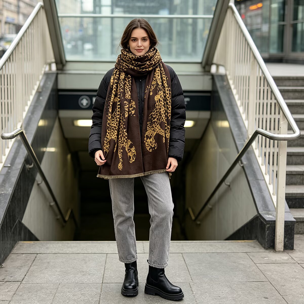 A woman stands at the entrance of a subway station wearing a brown scarf with a gold giraffe print, a black puffer jacket, light gray jeans, and black boots.