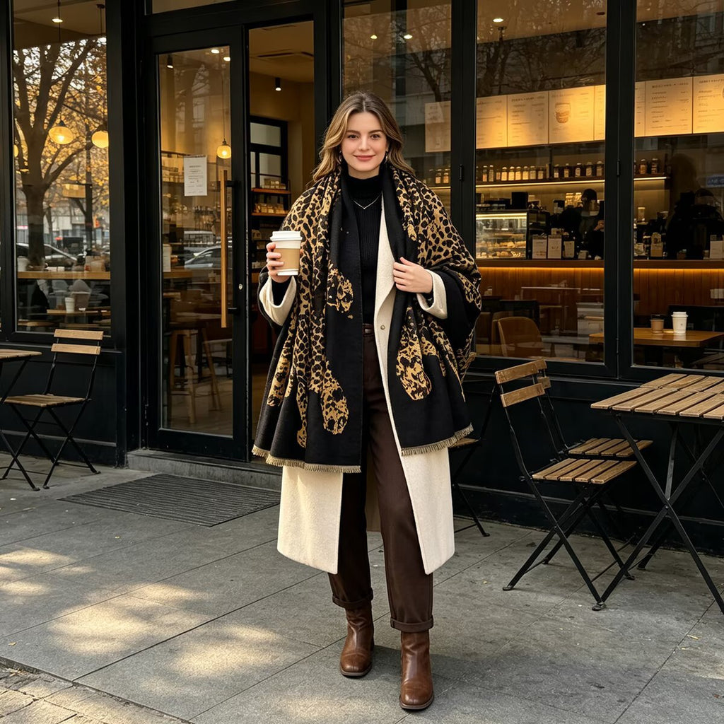 A woman stands on a sidewalk in front of a coffee shop, wearing a long black coat with a bold gold animal print pattern over a cream dress, brown pants, and brown ankle boots, while holding a takeaway coffee cup.