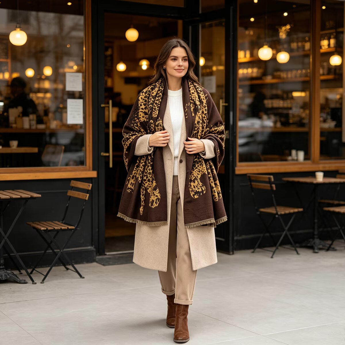 A woman stands on a cafe patio wearing a brown shawl with ornate gold embroidery over a white top, beige dress, and brown ankle boots, with a blurred storefront in the background.