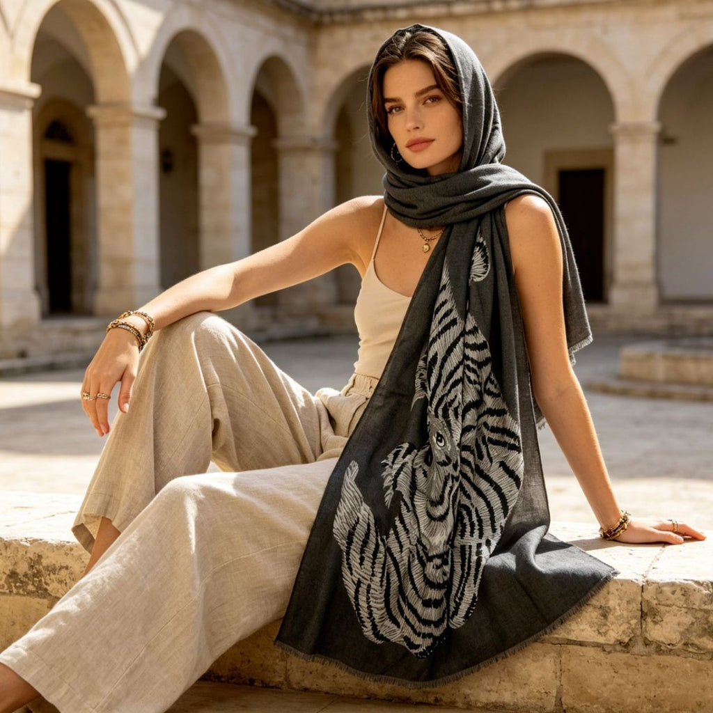 A woman sits on a stone ledge in a sunlit courtyard, wearing a black headscarf with a large white tiger print draped over her shoulder. She is dressed in a beige tank top and light beige wide-leg pants, with gold jewelry, against a background of classical stone arches.