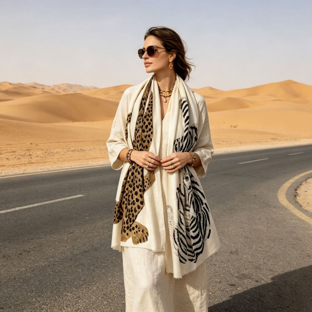A woman stands on a desert road wearing a cream-colored outfit and a matching scarf with leopard and zebra print patterns, set against a backdrop of sand dunes.