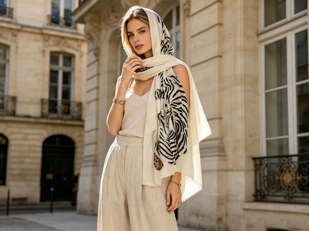 A woman stands outdoors in front of a classical stone building, wearing a cream-colored scarf with a bold black tiger-stripe pattern and a small gold-toned emblem near the lower edge. She is styled in a cream camisole and matching high-waisted trousers.