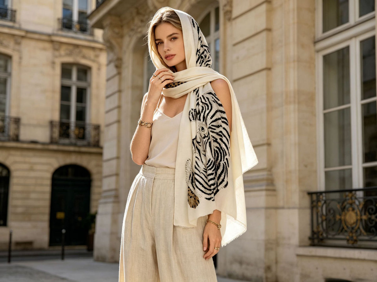 A woman stands outdoors in front of a classical stone building, wearing a cream-colored scarf with a bold black tiger-stripe pattern and a small gold-toned emblem near the lower edge. She is styled in a cream camisole and matching high-waisted trousers.