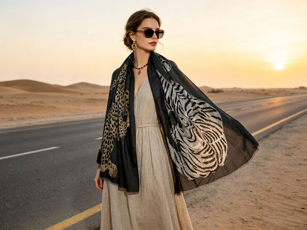 A woman stands on a desert road at sunset wearing a black sheer scarf with leopard print and a large white tiger face motif, over a beige dress.