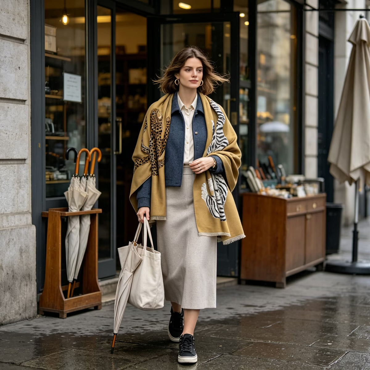 A woman stands on a city sidewalk in front of a storefront, wearing a tan patterned shawl over a blue cardigan and cream blouse, with a light beige midi skirt and black sneakers. She holds a cream tote bag and an umbrella in a wooden stand.