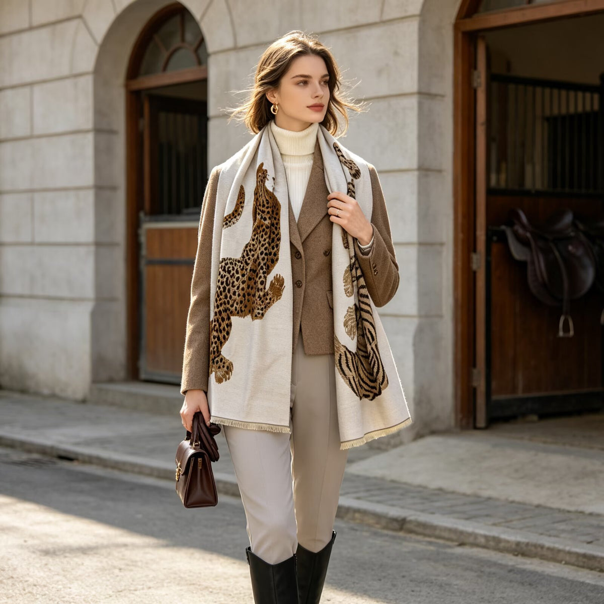 A woman stands outdoors in front of a stone building, wearing a cream scarf with large leopard and tiger motifs over a brown vest, white turtleneck, beige pants, and black knee-high boots. She holds a dark brown handbag.