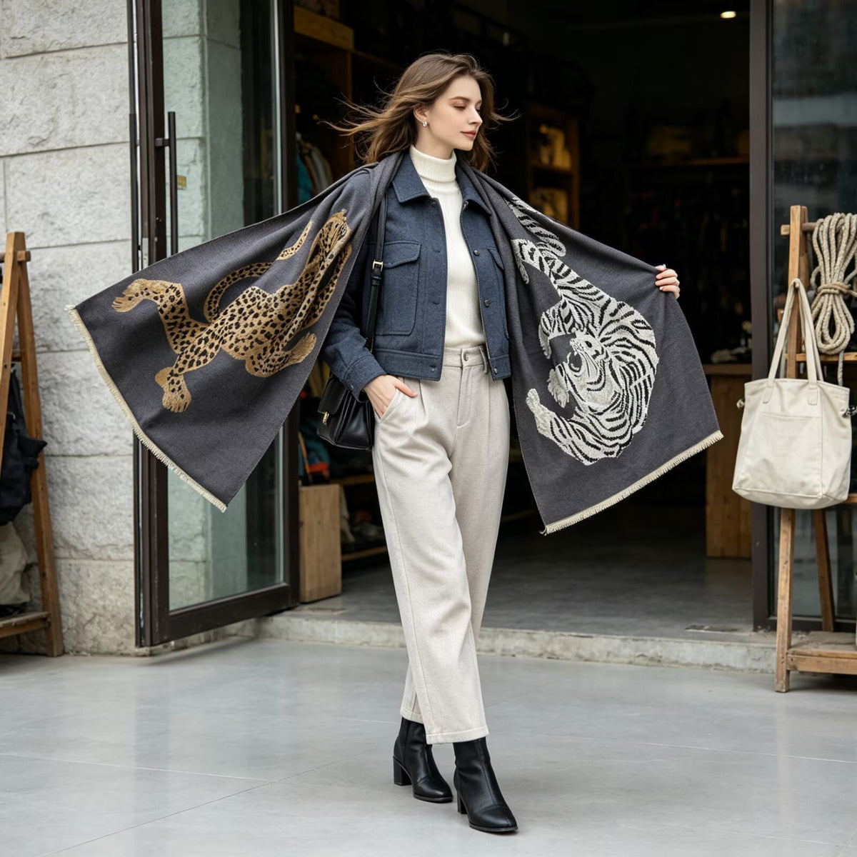 A woman stands in a storefront doorway wearing a dark charcoal gray scarf with a large gold leopard print on one side and a white tiger face print on the other, styled over a denim jacket and cream pants.