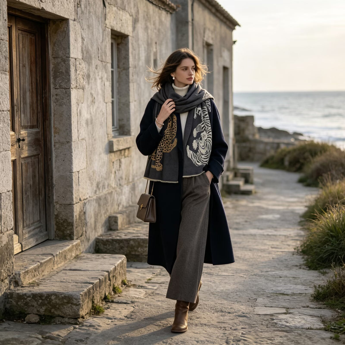 A woman walks along a stone path beside a rustic stone building and the sea, wearing a long dark coat, wide-leg taupe trousers, brown ankle boots, and a dark scarf with beige and white graphic print.
