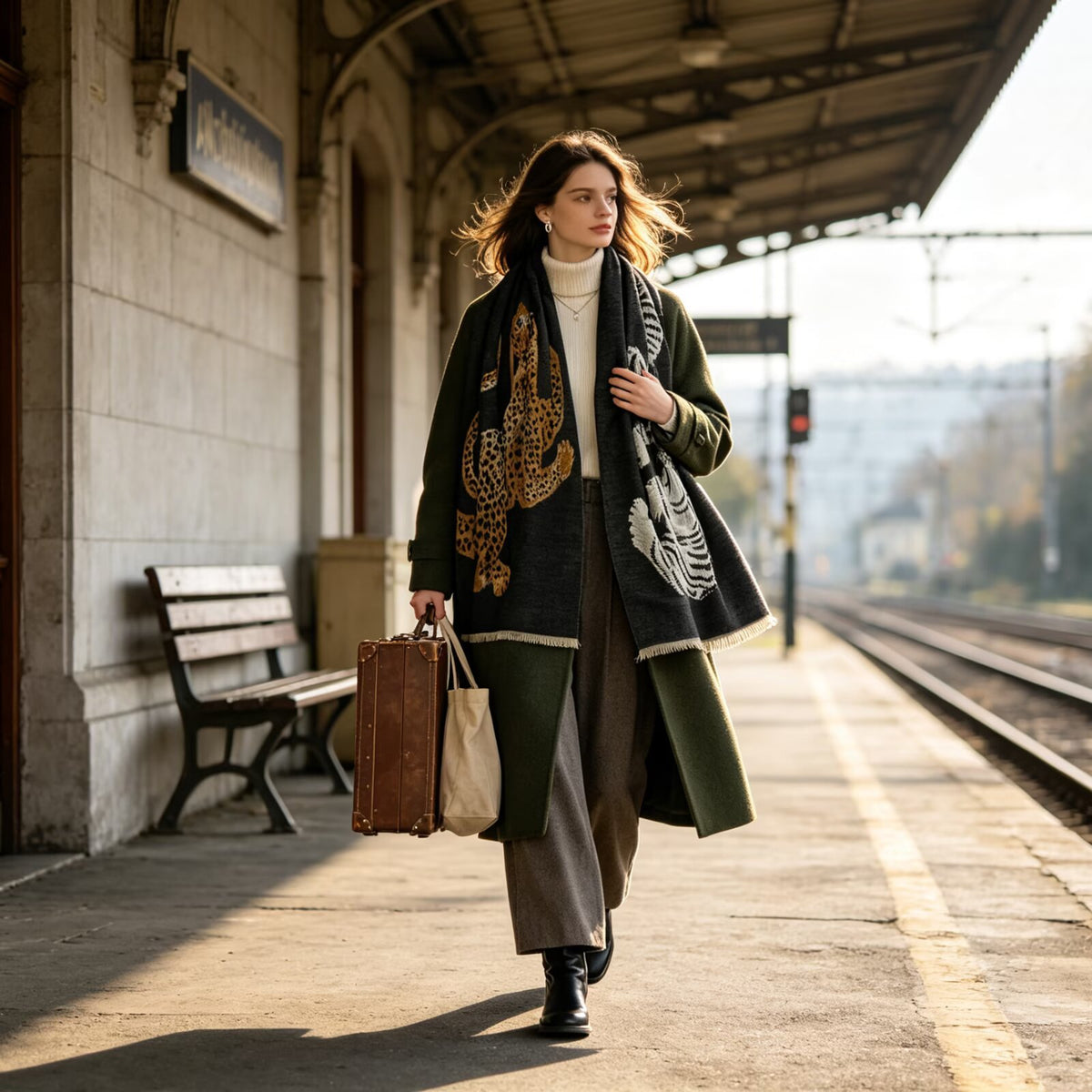 A woman walks on a train station platform wearing a long dark green coat with a leopard print panel, a dark scarf with a white animal graphic, and carrying a brown suitcase and tote bag.