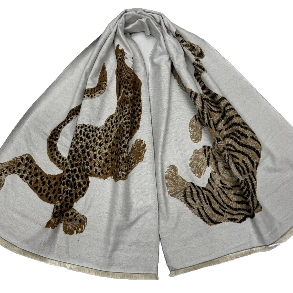 A light gray scarf featuring a large embroidered leopard on the left side and a tiger on the right side, both in brown and black tones, with fringed edges.