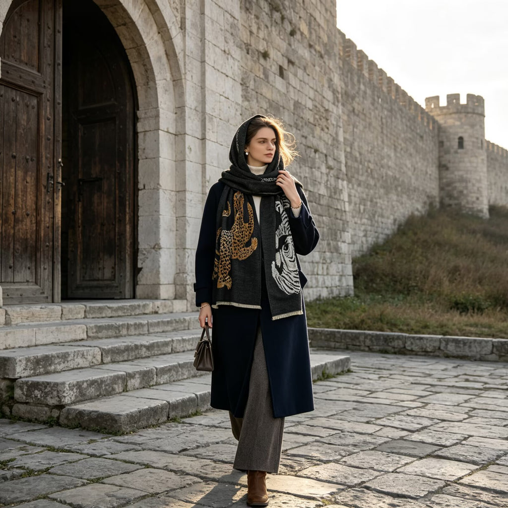 A woman stands in front of a stone castle wall and wooden door, wearing a long navy coat over a gray dress, a black scarf with gold and white animal motifs, and holding a small brown handbag.