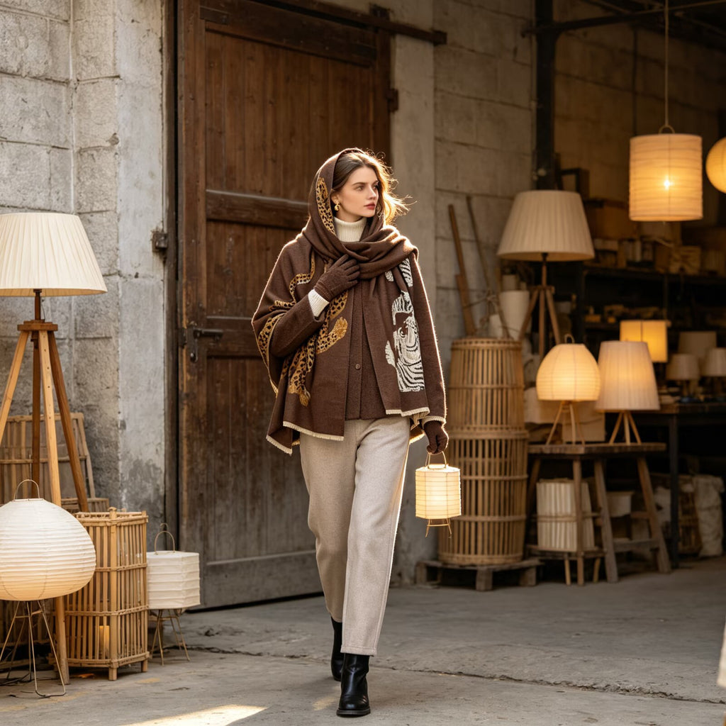 A woman walks through a rustic indoor shop or studio space wearing a brown patterned cardigan and matching headscarf, light beige trousers, and black boots. She holds a small glowing lantern.